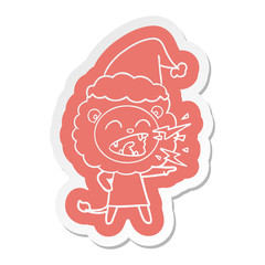 cartoon  sticker of a roaring lion girl wearing santa hat