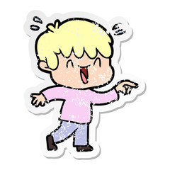 distressed sticker of a cartoon laughing boy