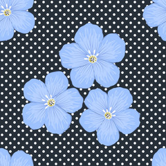 Obraz premium Floral pattern on a dark blue background with polka dots. Seamless sample with big blue flowers. Flax flowers in the image. Vector illustration