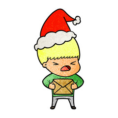 textured cartoon of a stressed man wearing santa hat