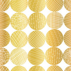 Gold foil textured circle shapes seamless vector pattern. Golden abstract circles on white background. Elegant design for web banner, blog, wedding, digital paper, gift wrap, Christmas, party, invite
