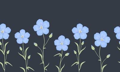 Seamless border with blue flowers and green leaves on a navy background. Summer background. Vector illustration.