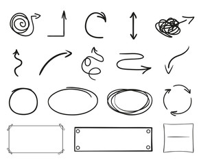 Infographic elements on isolation background. Collection of arrows on white. Signs for design. Hand drawn simple pointers. Line art. Abstract circles. Doodles for work