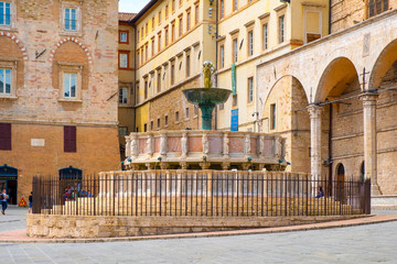 Perugia, Italy - Fontana Maggiore fountain at the Piazza IV Novembre, Perugia historic quarter main square