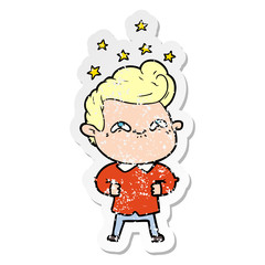 distressed sticker of a cartoon excited man