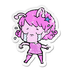 distressed sticker of a cartoon crying alien girl