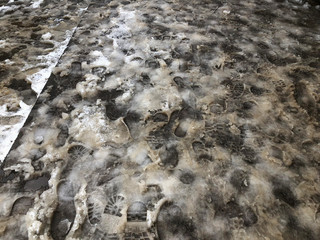 Traces of shoes in the snow. The beginning of winter in Bakuriani