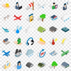 Plane terminal icons set. Isometric style of 36 plane terminal vector icons for web for any design
