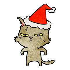 tough textured cartoon of a cat wearing santa hat