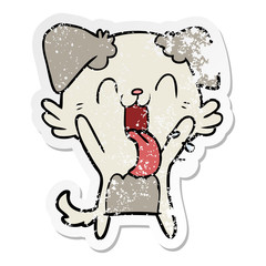 distressed sticker of a cartoon panting dog waving