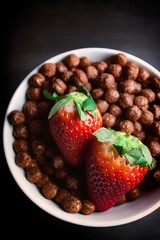  PRIMER PLANO DE FRESAS EN BOL CON CEREALES DE CHOCOLATE Y FONDO DE MADERA OSCURO