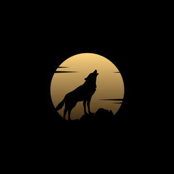 Silhouette of Howling Wolf with  Golden Full Moon Moonlight at Night Illustration logo design