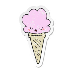 distressed sticker of a cartoon ice cream with face