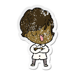 distressed sticker of a cartoon woman talking