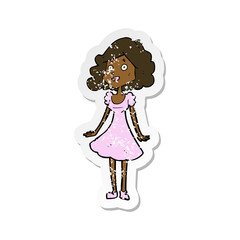 retro distressed sticker of a cartoon happy woman in dress