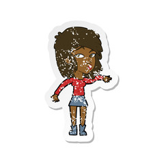 retro distressed sticker of a cartoon woman playing it cool