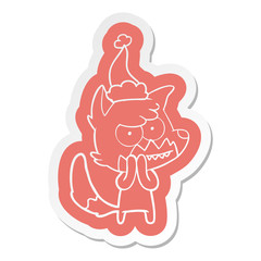 cartoon  sticker of a grinning fox wearing santa hat