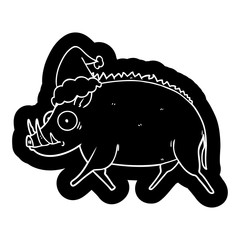 cartoon icon of a wild boar wearing santa hat