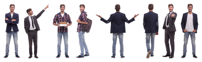 panoramic collage of self-motivated young man .isolated on white