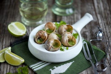 Escargots de Bourgogne on a plate on wooden Background