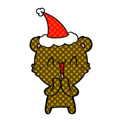 happy bear comic book style illustration of a wearing santa hat