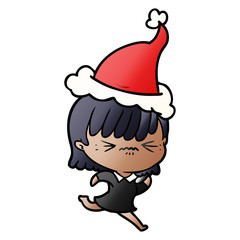 annoyed gradient cartoon of a girl wearing santa hat