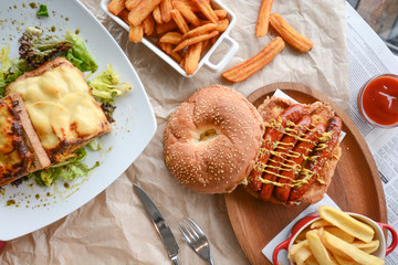 food, sandwich, burger, hamburger, bread, lettuce, cheese, meal, meat, tomato, bun, cheeseburger, beef, snack, lunch, fast food, fast, plate, salad, white, chicken, ham, breakfast, grilled, closeup, d