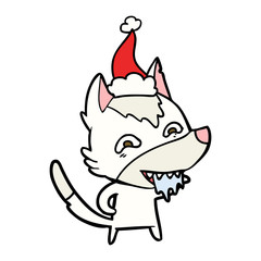 line drawing of a hungry wolf wearing santa hat