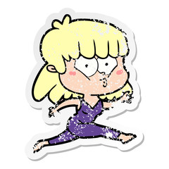 distressed sticker of a cartoon woman running
