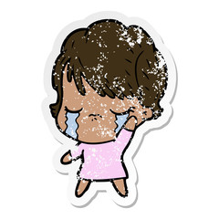 distressed sticker of a cartoon woman crying
