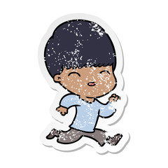 distressed sticker of a happy cartoon boy