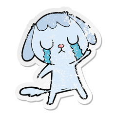 distressed sticker of a cute cartoon dog crying