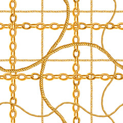 Golden chain glamour seamless pattern illustration. Watercolor texture with golden chains.