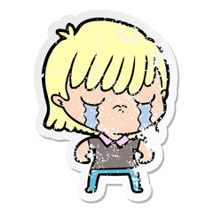 distressed sticker of a cartoon woman crying