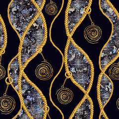 Illustration de modèle sans couture de peau de serpent glamour chaîne dorée. Texture aquarelle avec chaînes dorées.