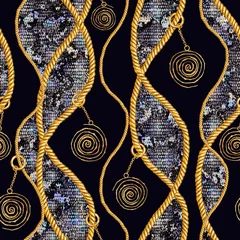 Deurstickers Glamour stijl Gouden ketting glamour slangenleer naadloze patroon illustratie. Waterverftextuur met gouden kettingen.