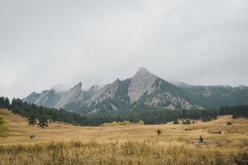 View of the Flatirons during the fall in Boulder, Colorado. 