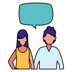young couple with speech bubble characters