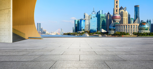 Shanghai Lujiazui financial district city scenery and empty square ground