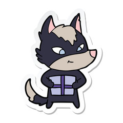 sticker of a friendly cartoon wolf with gift