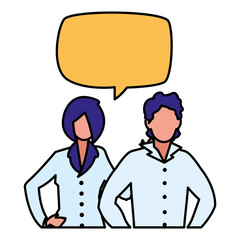 young couple with speech bubble characters