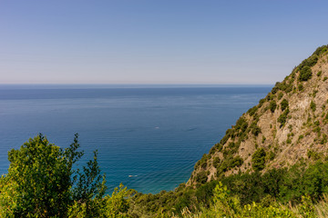 Italy, Cinque Terre, Corniglia, a close up of a hillside next to a body of water