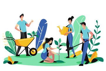 Volunteering, charity social concept. Volunteer people plant trees in park, vector illustration. Ecological lifestyle
