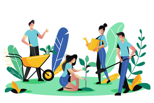 Volunteering, Charity Social Concept. Volunteer People Plant Trees In Park, Vector Illustration. Ecological Lifestyle