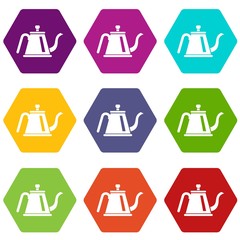 Teapot with ceremony icons 9 set coloful isolated on white for web