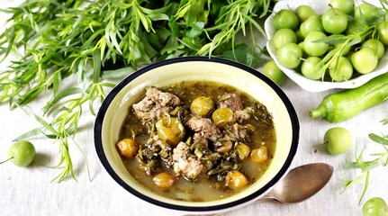 Meat stew with green plum  (tkemali) and greens. Georgian dish 