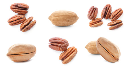 Set of different delicious organic pecan nuts on white background