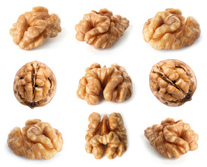 Set of different delicious organic nuts on white background