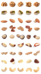 Set of different delicious organic nuts on white background