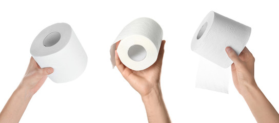 Women holding toilet paper rolls on white background, closeup